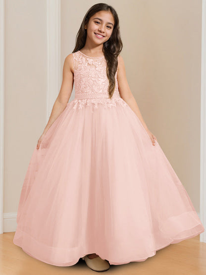 Ball-Gown Round Neck Sleeveless Floor-Length Flower Girl Dress with Appliques