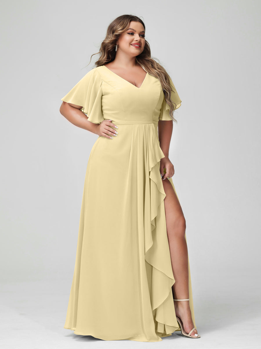 A-Line/Princess V-Neck Half Sleeves Chiffon Plus Size Bridesmaid Dresses with Split Side & Ruffles