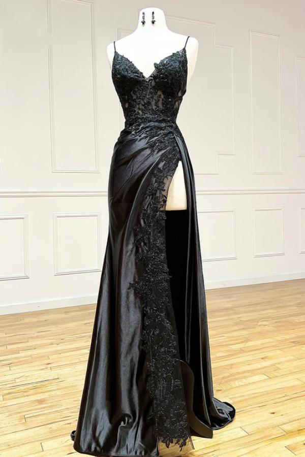 Black Lace Printed Prom Dress Long with High Slit YH0016