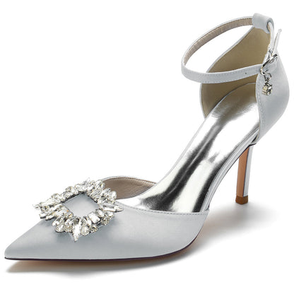 Women's Wedding Shoes Pointed Toe Buckle Bridal Shoes with Square Rhinestones