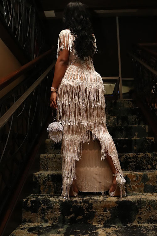 Kally Nude Diamante Tassel Dress