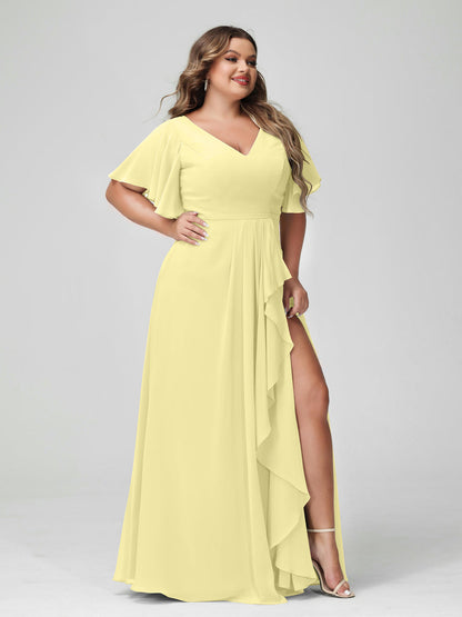 A-Line/Princess V-Neck Half Sleeves Chiffon Plus Size Bridesmaid Dresses with Split Side & Ruffles