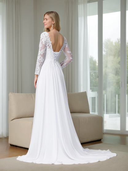 A-Line/Princess V-Neck Long Sleeves Floor Length Appliques Wedding Dress