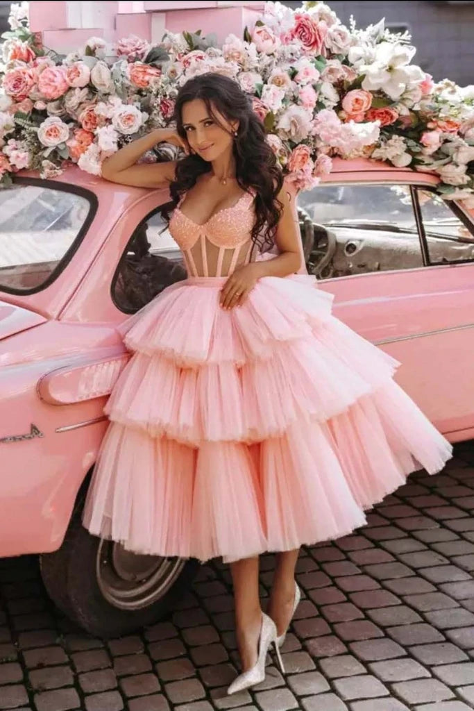 Puffy Straps Tiered Pink Tea Length Prom Dresses, Homecoming Dress With Sequins   fg105