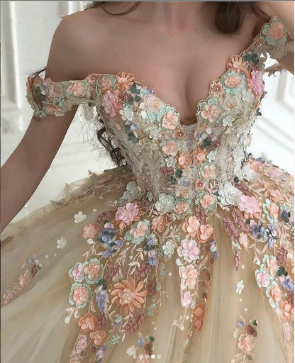 Off the Shoulder Champagne Floral Long Prom Dresses, Off Shoulder Champagne 3D Flower Long Formal Evening Dresses     fg240