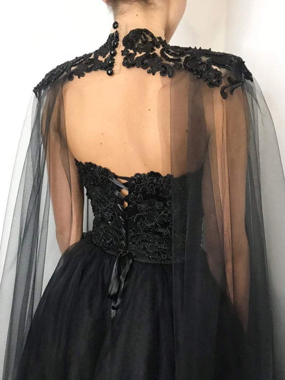 Black gothic corset lace wedding dress with cape, heavy beading fantasy gown, black tulle wedding dress, alternative bride dress       fg372