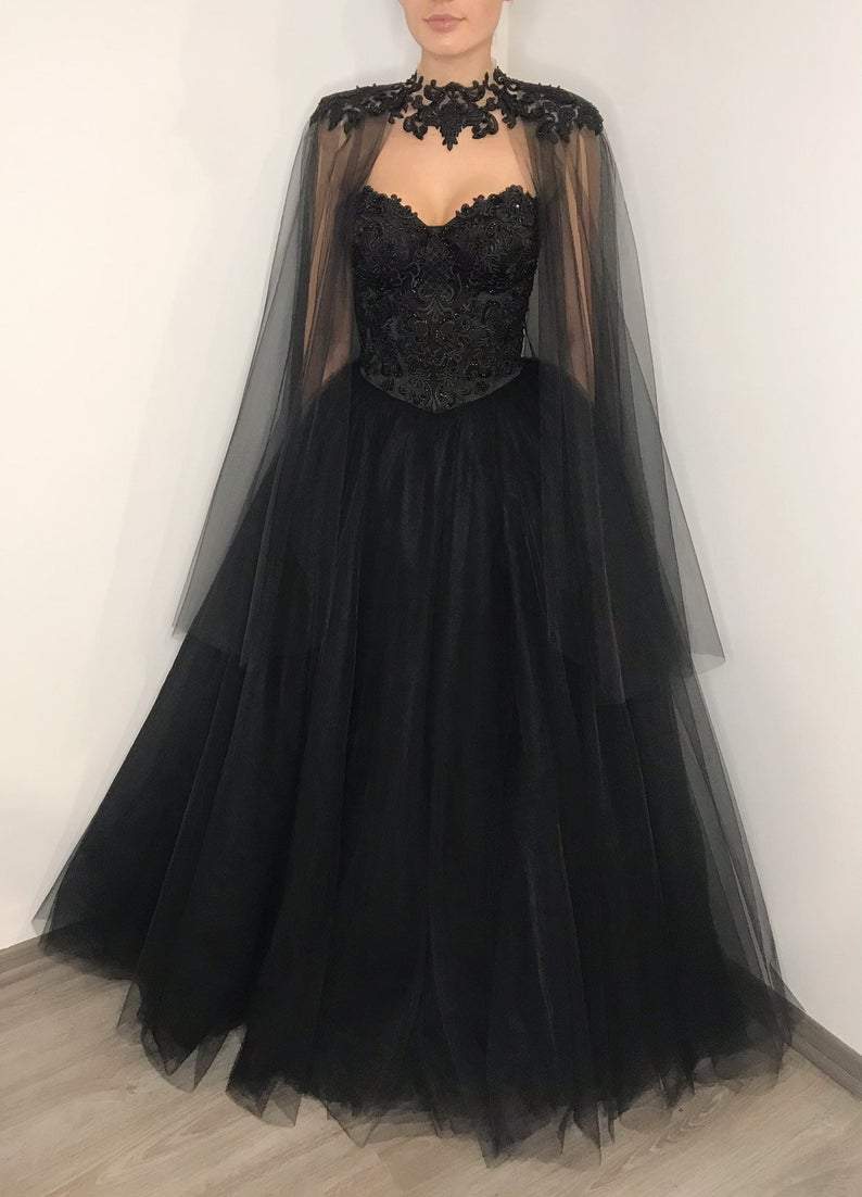 Black gothic corset lace wedding dress with cape, heavy beading fantasy gown, black tulle wedding dress, alternative bride dress       fg372