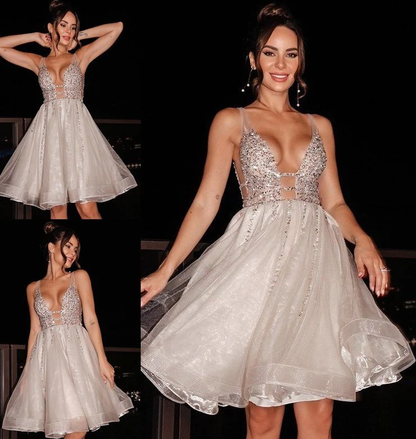 A-Line/Princess Sleeveless Beading Tulle V-neck Short/Mini Homecoming Dresses       fg433