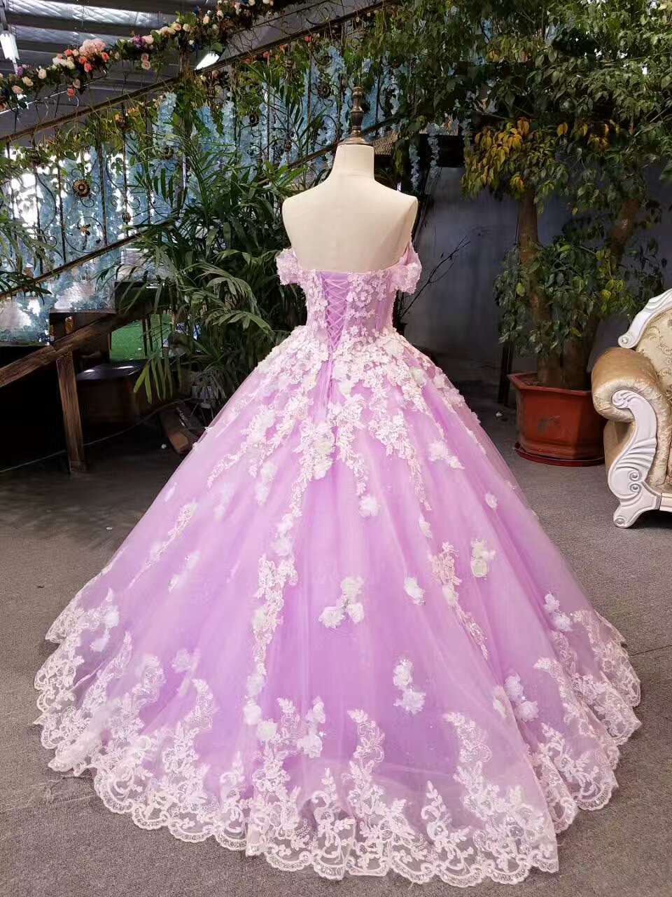 New Arrival Floral Wedding Dresses A-Line Floor Length Lace Up Off The Shoulder Ball Gown With Beads And Appliques     fg513