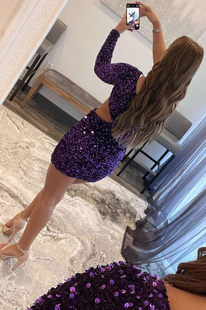 Purple Sequin One-Sleeve Cutout Short Homecoming Dress     fg583