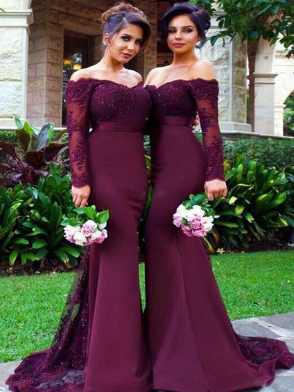 Custom Made Off Shoulder Mermaid Maroon Long Sleeves Lace Prom Dresses, Burgundy Lace Bridesmaid Dresses, Formal Dresses        fg911