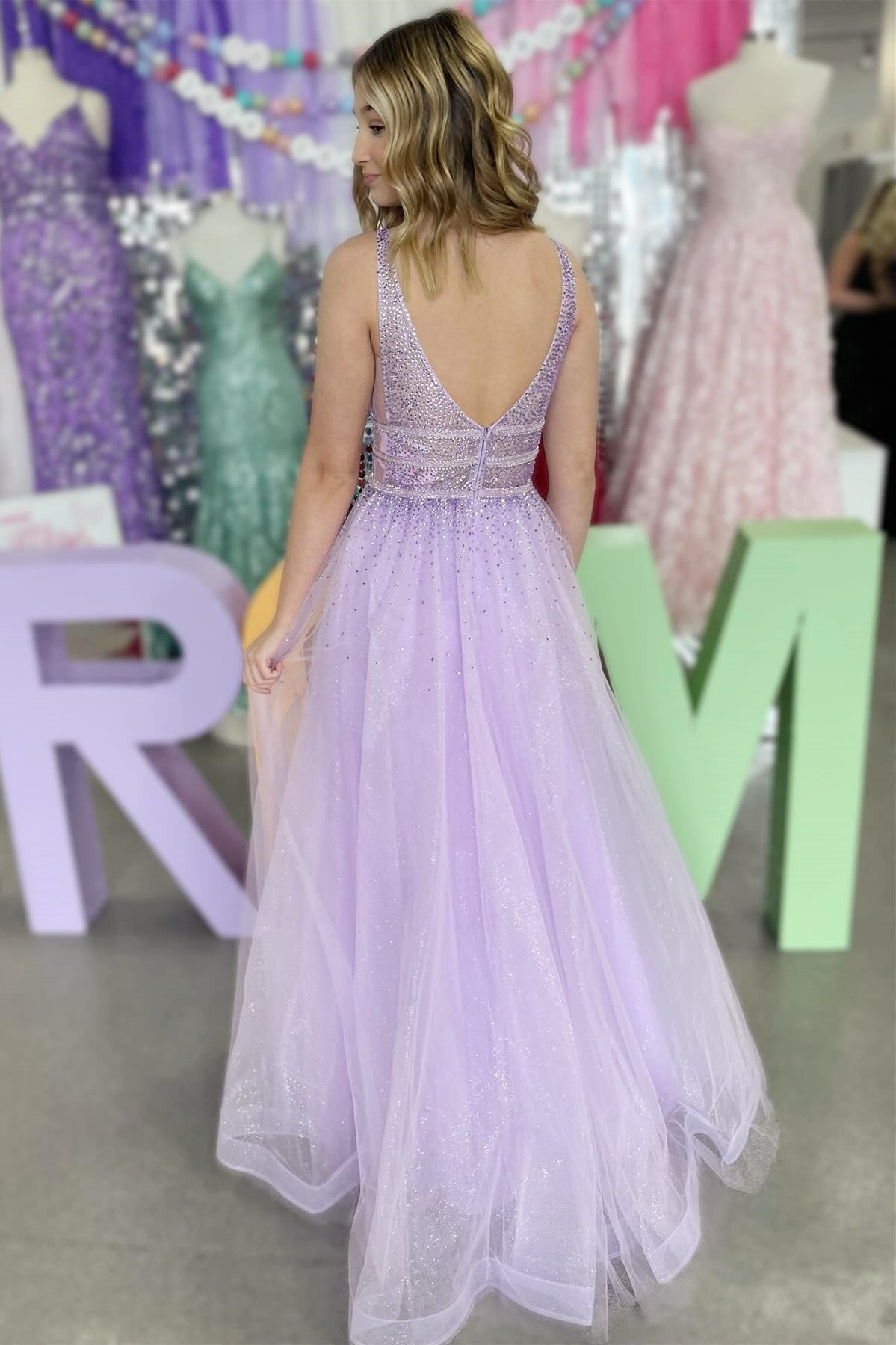 Filbei | Lavender Tulle Hot Stone Backless A-Line Prom Dress