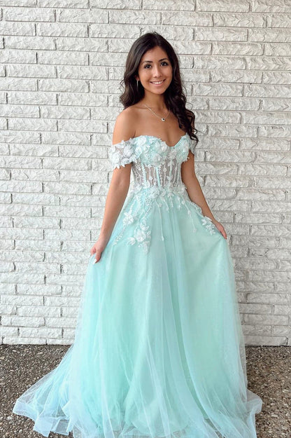 LTP0966,Adorable mint green a line prom dresses off the shoulder floral applique evening party gown