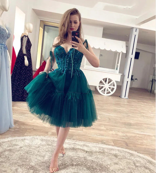 LTP1365,Cute green beaded tulle homecoming dresses ties straps mini prom evening dresses