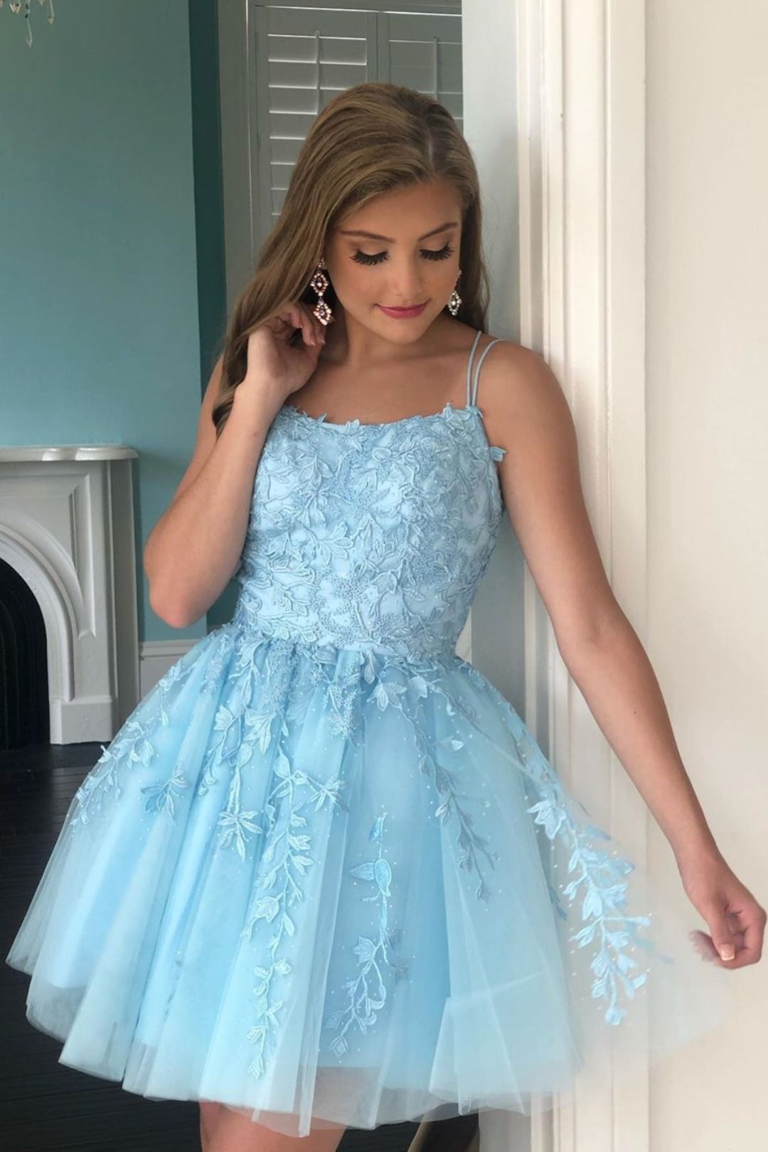 LTP1403,A Line Light Blue Tulle Homecoming Dress With Lace Appliques,Short Prom Dress