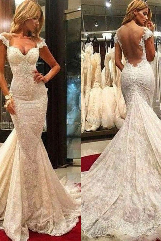 Fit and Flare Lace Wedding Dresses Sheer Tulle Back Wholesale Bridal Gowns with Chapel Train