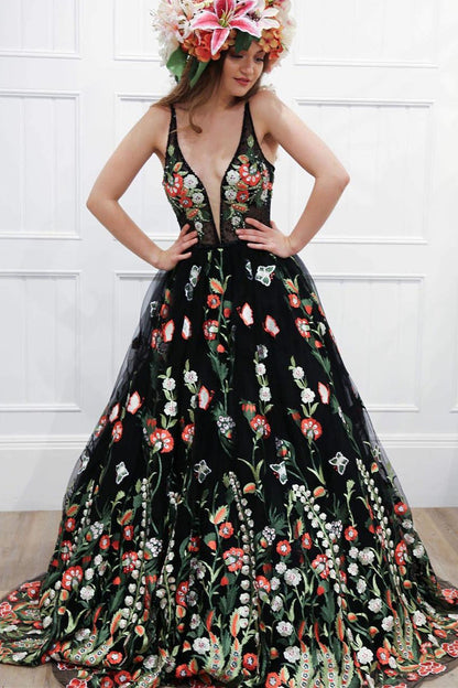 Harlee | Gorgeous Black Floral Embroidered Prom Dress