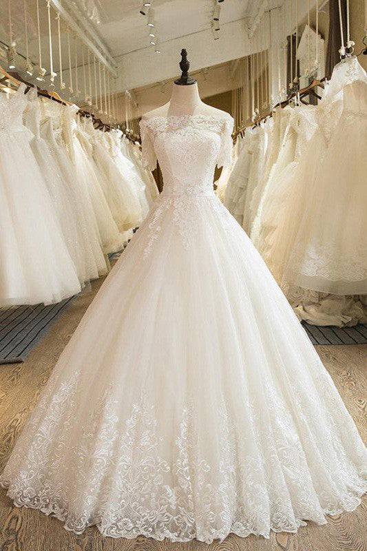 Floor Length Applique Ball Gown Off the Shoulder Lace Tulle 1/2 Sleeves Wedding Dresses