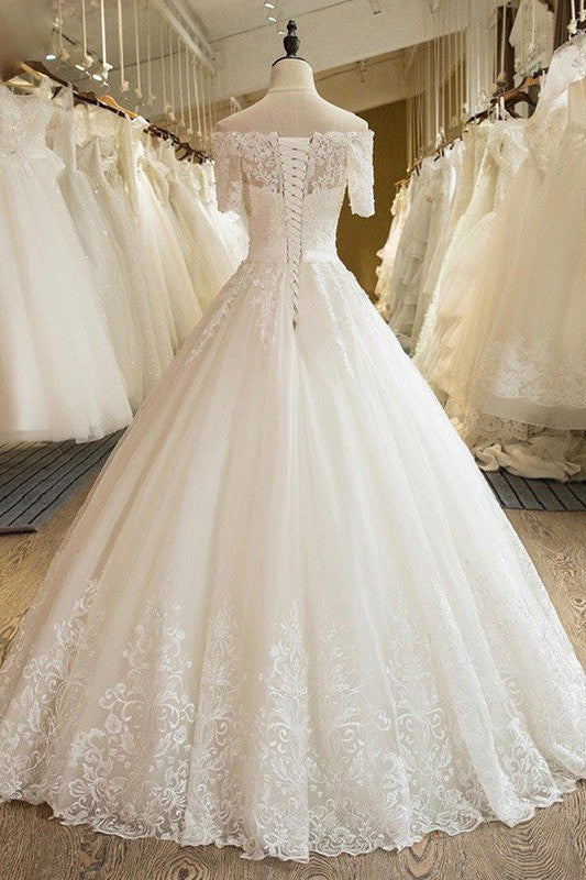 Floor Length Applique Ball Gown Off the Shoulder Lace Tulle 1/2 Sleeves Wedding Dresses