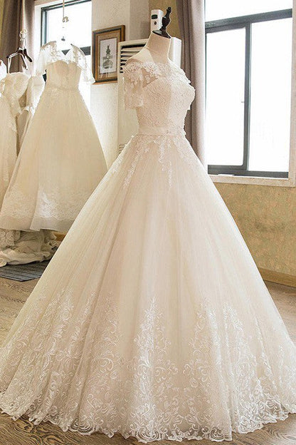 Floor Length Applique Ball Gown Off the Shoulder Lace Tulle 1/2 Sleeves Wedding Dresses