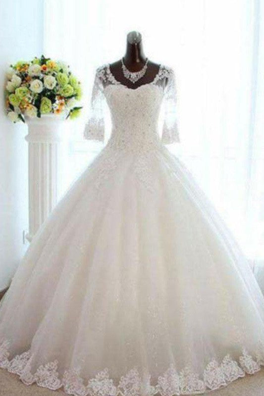 Floor Length Tulle Ball Gown Beading V neck 3/4 Sleeves Bateau Wedding Dresses