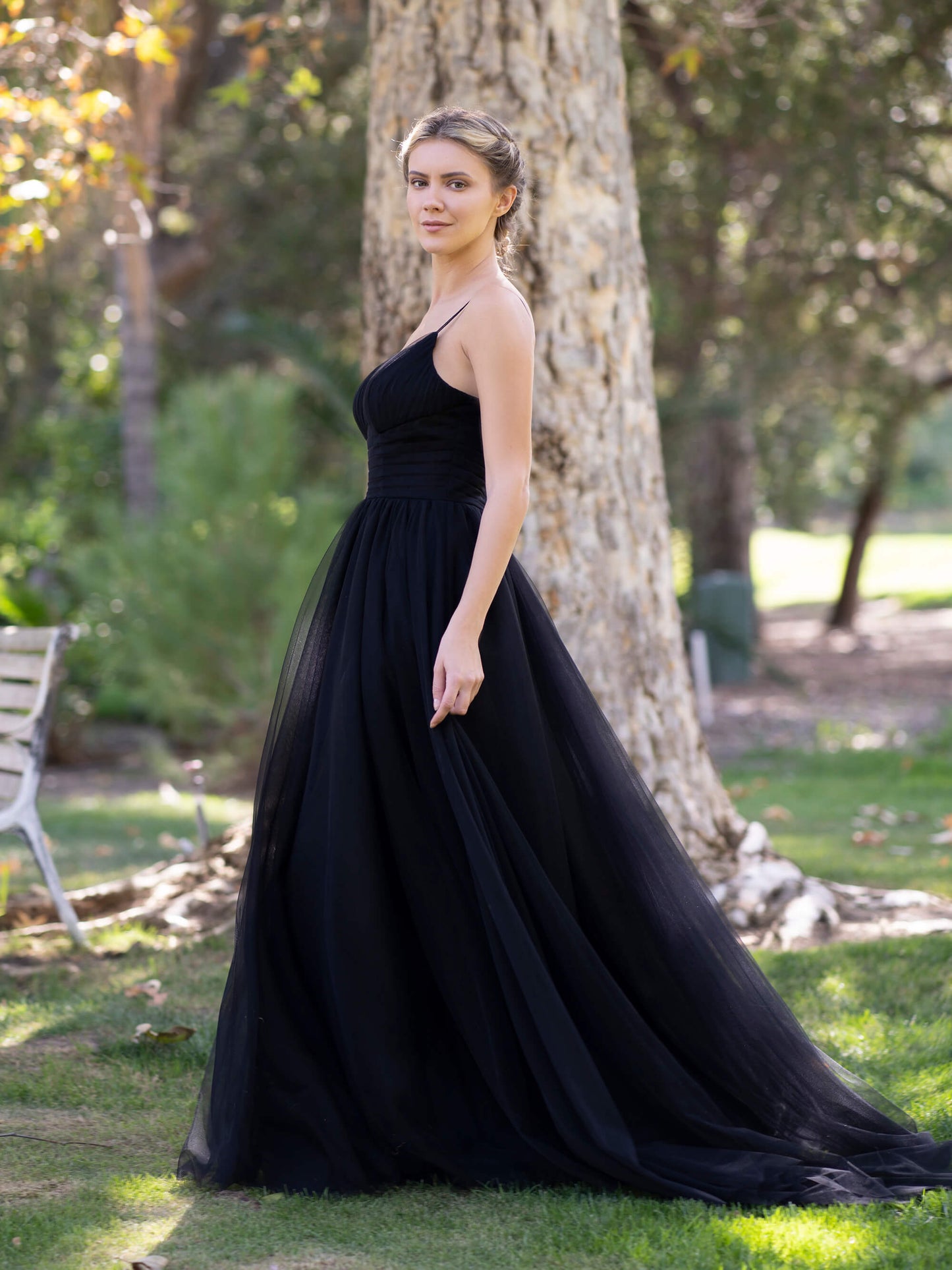 Deep V-neck Tulle Sweep Train Prom Dress