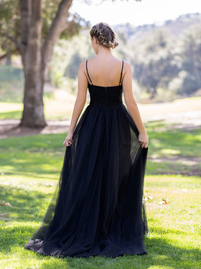 Deep V-neck Tulle Sweep Train Prom Dress