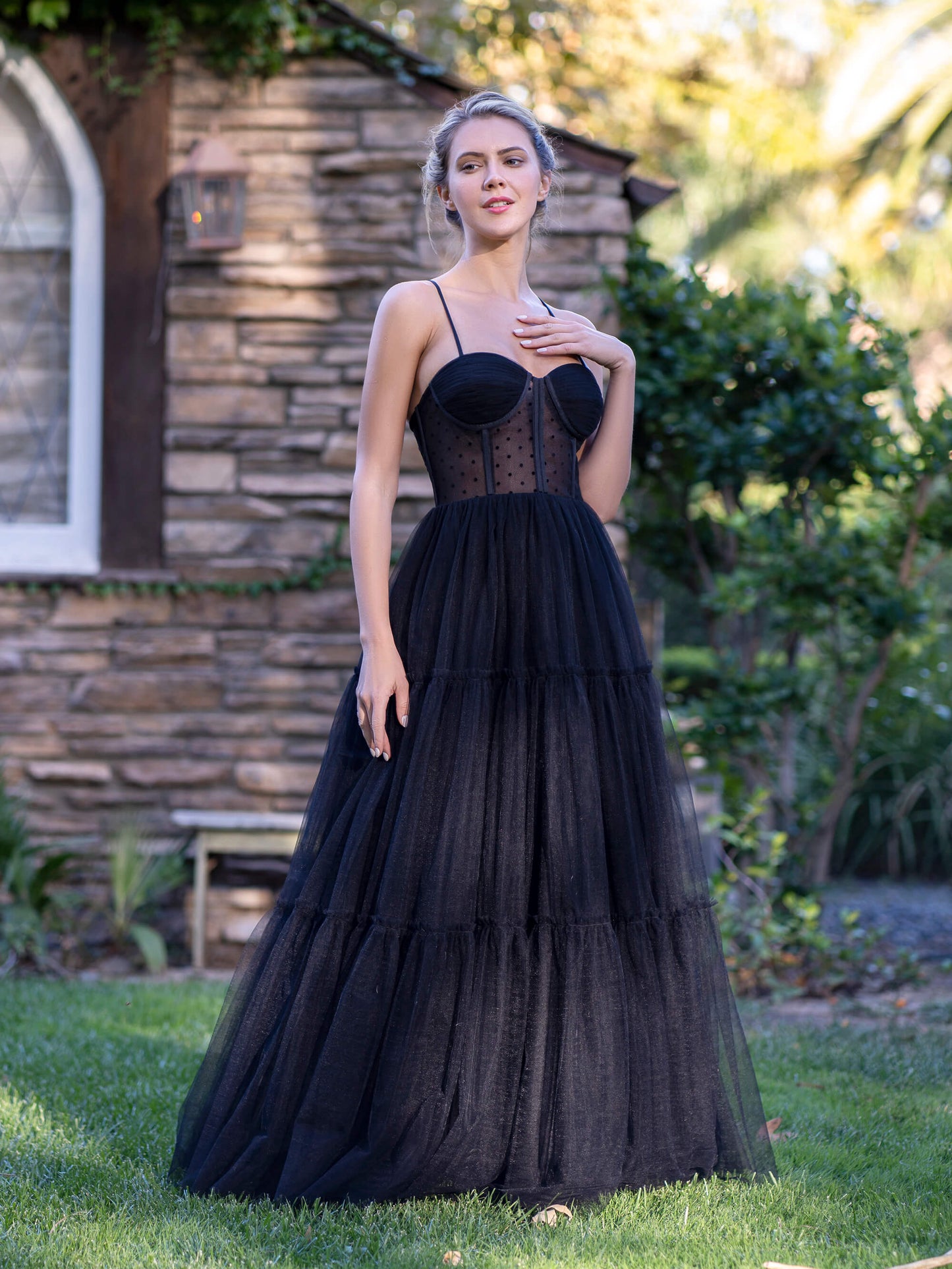 Corset Dotted Tulle Spaghetti Straps Floor Length Prom Dress