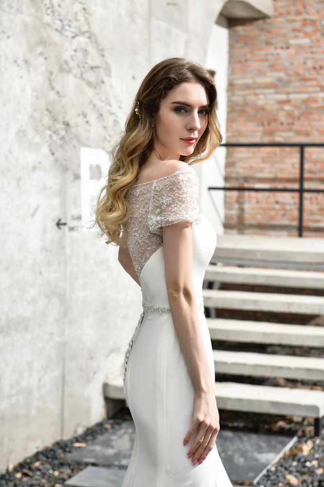 Floral Beaded Cap Sleeve Mermaid Lace Ivory Wedding Dress with Chapel Train