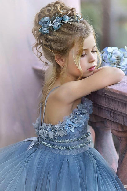 Floral Strapless Dusty Blue Ruffles Puffy Princess Flower Girl Dresses