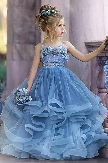 Floral Strapless Dusty Blue Ruffles Puffy Princess Flower Girl Dresses