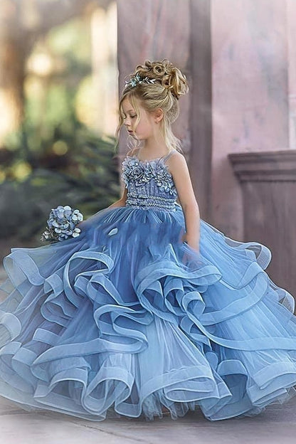 Floral Strapless Dusty Blue Ruffles Puffy Princess Flower Girl Dresses