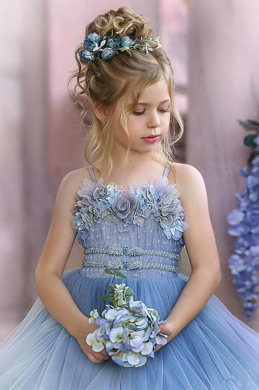 Floral Strapless Dusty Blue Ruffles Puffy Princess Flower Girl Dresses