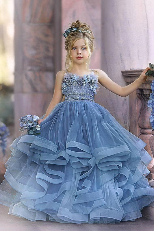 Floral Strapless Dusty Blue Ruffles Puffy Princess Flower Girl Dresses