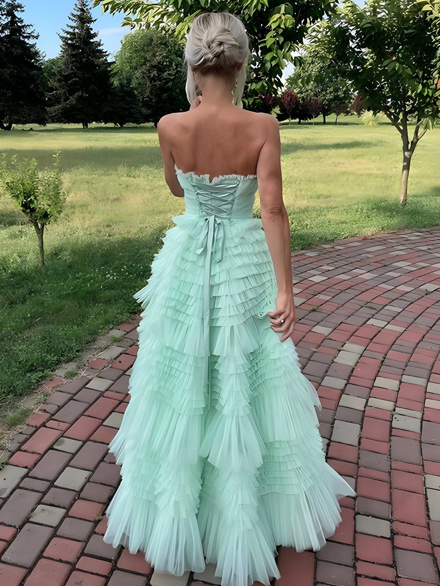 Flovencia| Mint Green Strapless Tulle Tiered Ruffles High-low Prom Dress