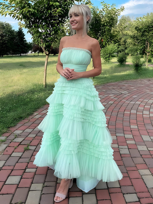 Flovencia| Mint Green Strapless Tulle Tiered Ruffles High-low Prom Dress