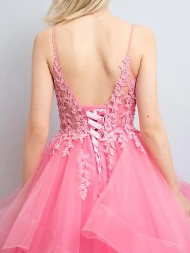 Nanalia | A-Line Prom Dresses Princess Dress Formal Floor Length Sleeveless V Neck Tulle Backless with Pleats Appliques