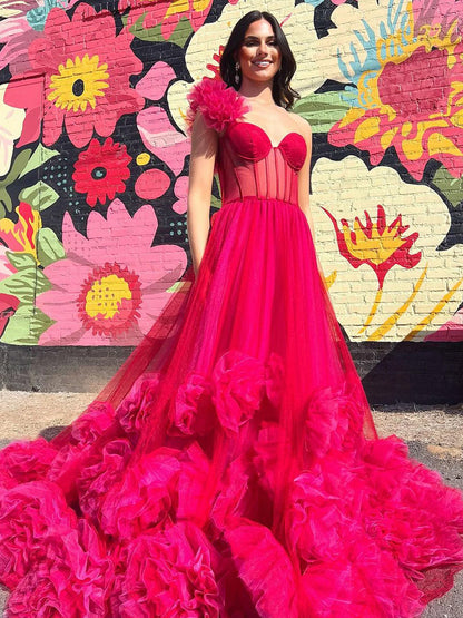 Fran | Hot Pink Ball Gown One-Shoulder Tulle Prom Dresses