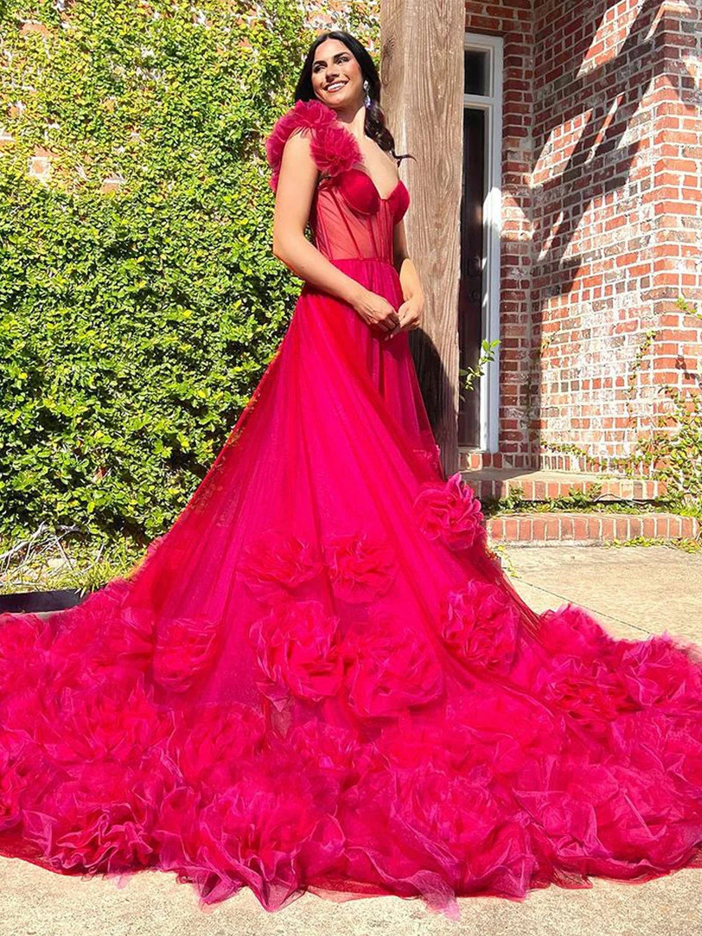 Fran | Hot Pink Ball Gown One-Shoulder Tulle Prom Dresses