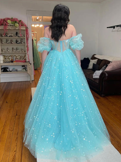 Francis | Aqua Blue Strapless A Line Tulle Starry Long Prom Dress