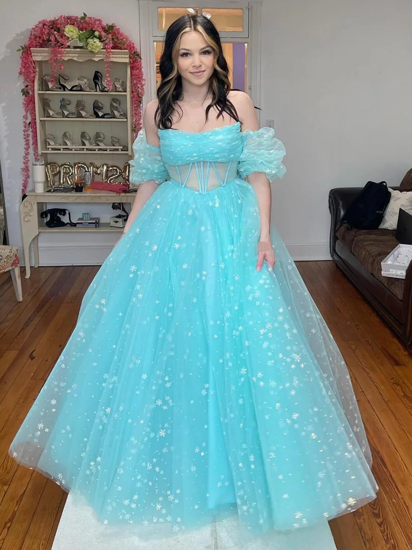 Francis | Aqua Blue Strapless A Line Tulle Starry Long Prom Dress