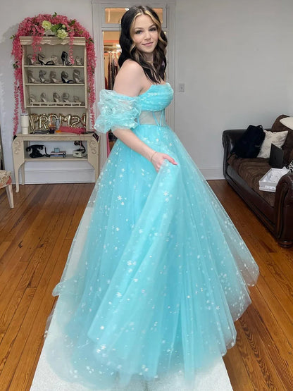 Francis | Aqua Blue Strapless A Line Tulle Starry Long Prom Dress