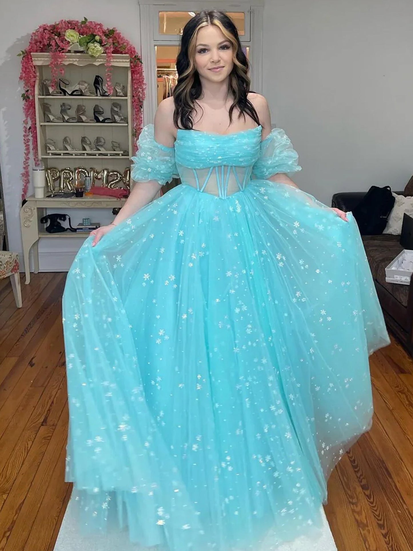 Francis | Aqua Blue Strapless A Line Tulle Starry Long Prom Dress