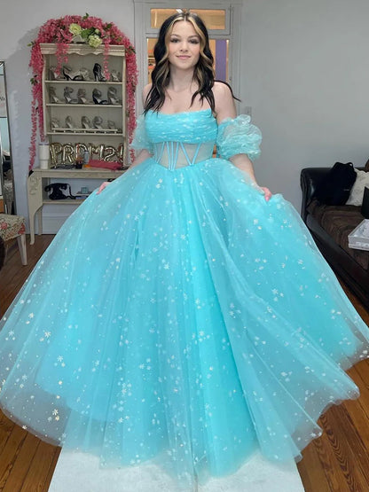 Francis | Aqua Blue Strapless A Line Tulle Starry Long Prom Dress