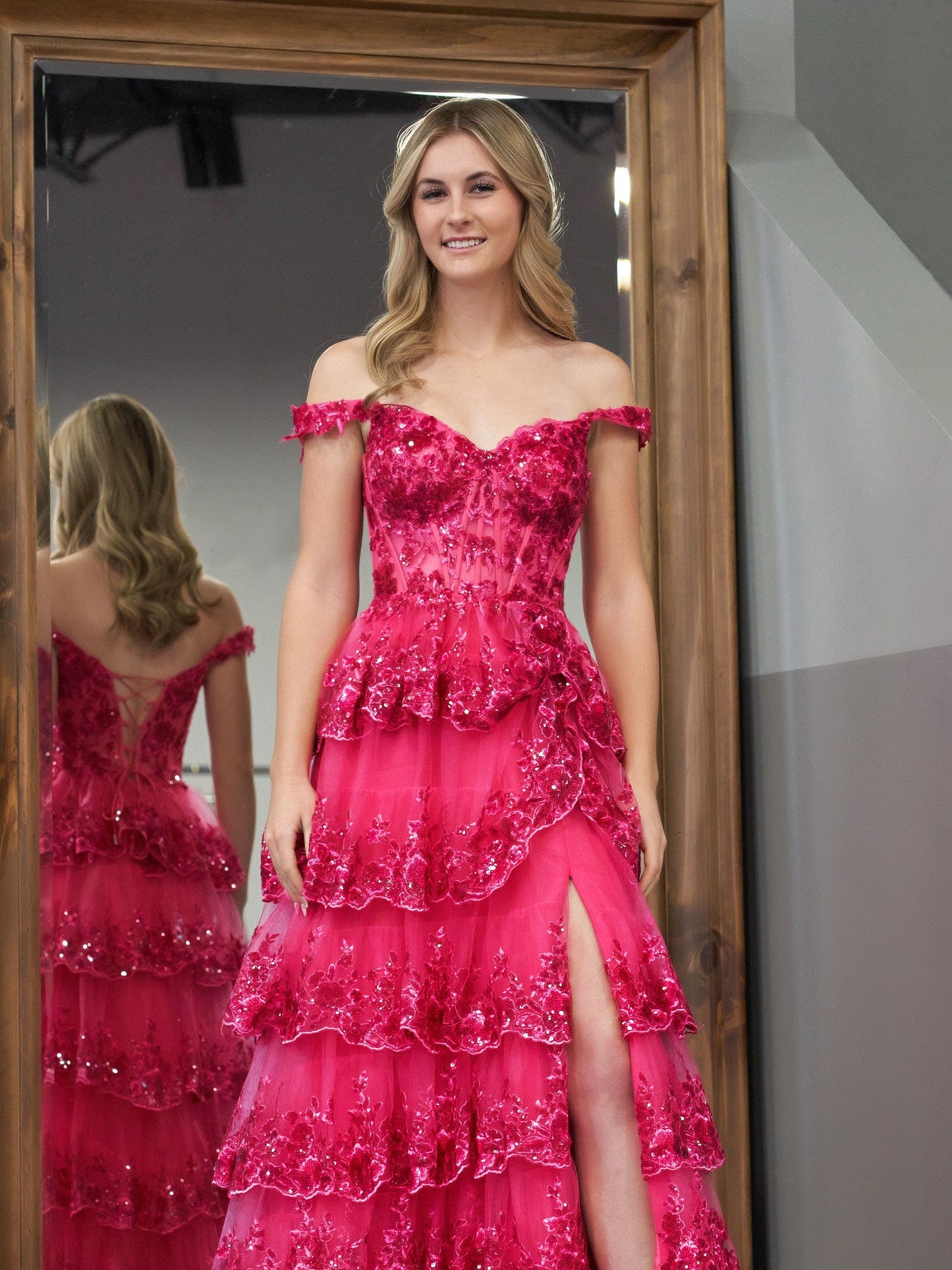 Fuchsia Princess A Line Off the Shoulder Corset Prom Dress with Lace Ruffles