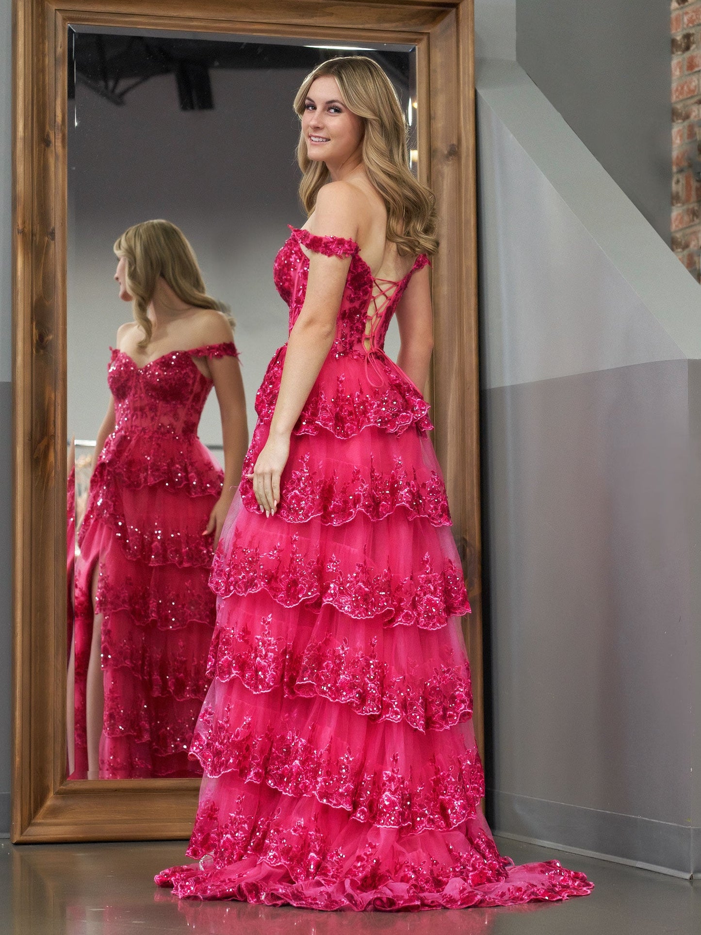 Fuchsia Princess A Line Off the Shoulder Corset Prom Dress with Lace Ruffles