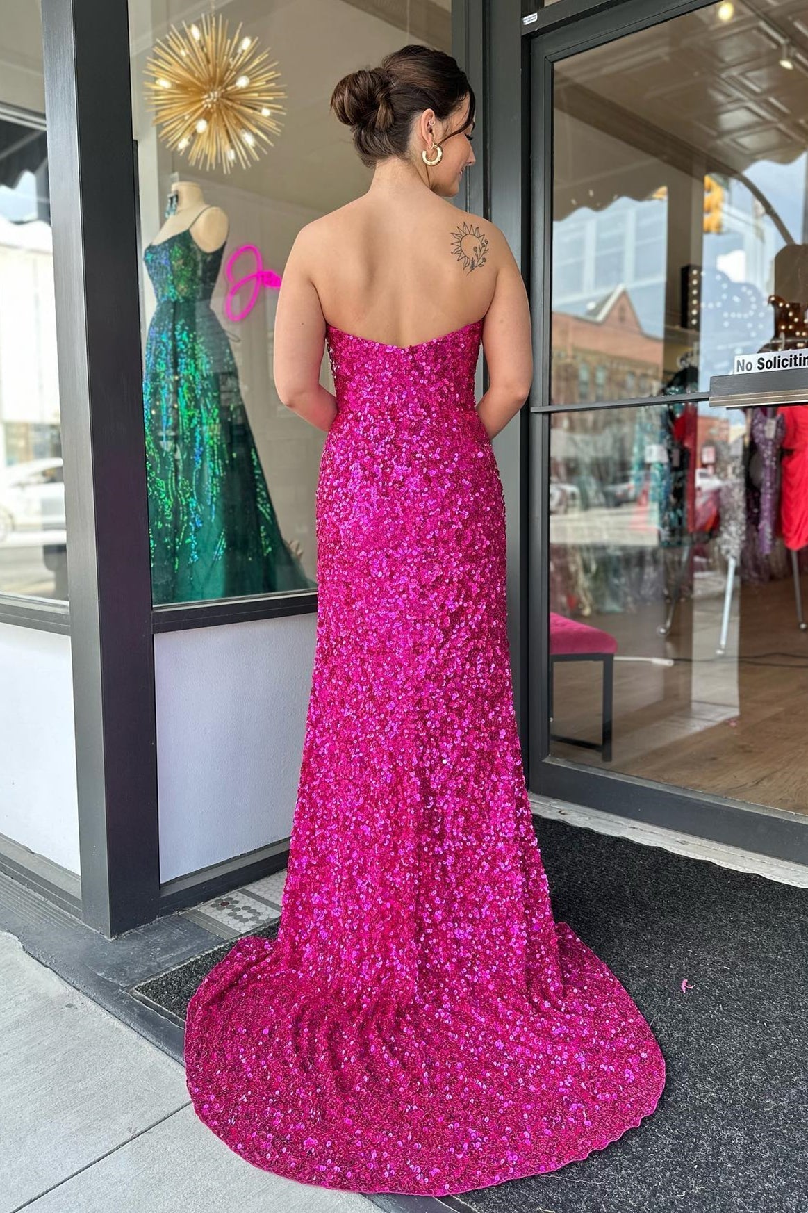 Fuchsia Strapless Sequins Long Prom Dress with Slit