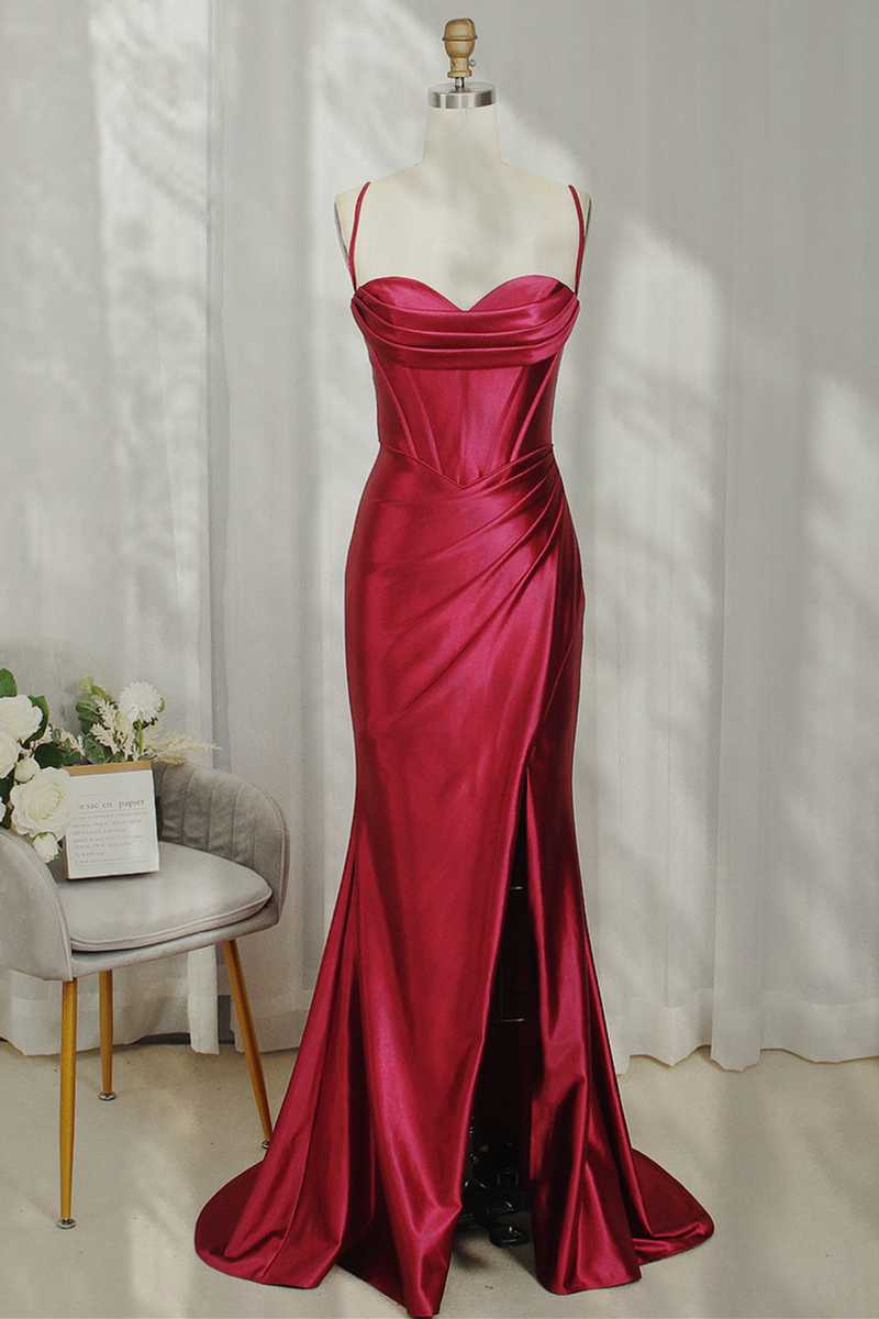 Hot Pink Spaghetti Straps Satin Mermaid Prom Dress with Slit