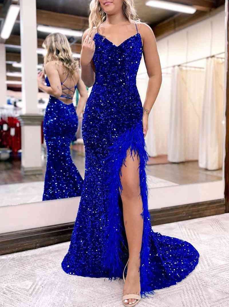 Kadrina |Mermaid V Neck Sequins Long Prom Dress with Slit