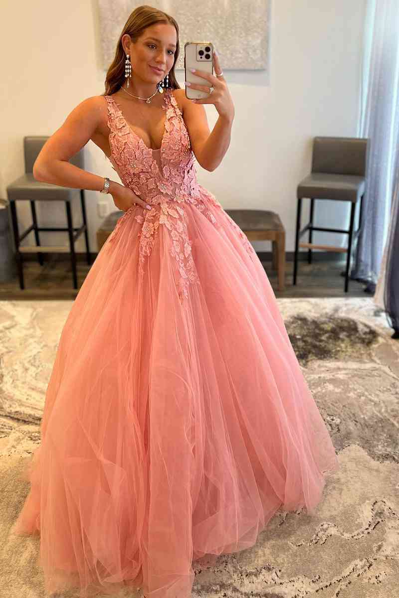 Marigold |A-Line V-Neck Long Tulle Prom Dress with Appliques